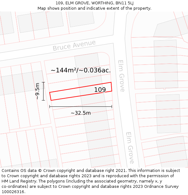 109, ELM GROVE, WORTHING, BN11 5LJ: Plot and title map