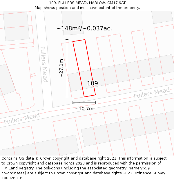 109, FULLERS MEAD, HARLOW, CM17 9AT: Plot and title map