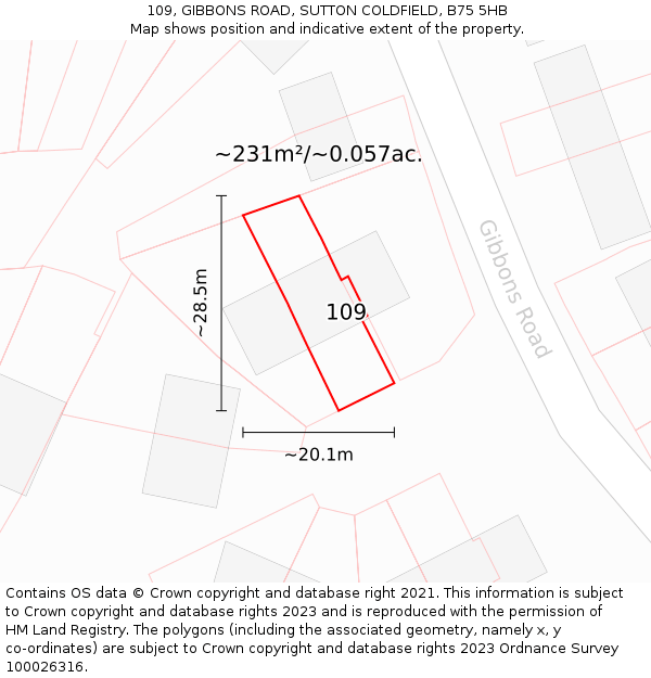 109, GIBBONS ROAD, SUTTON COLDFIELD, B75 5HB: Plot and title map