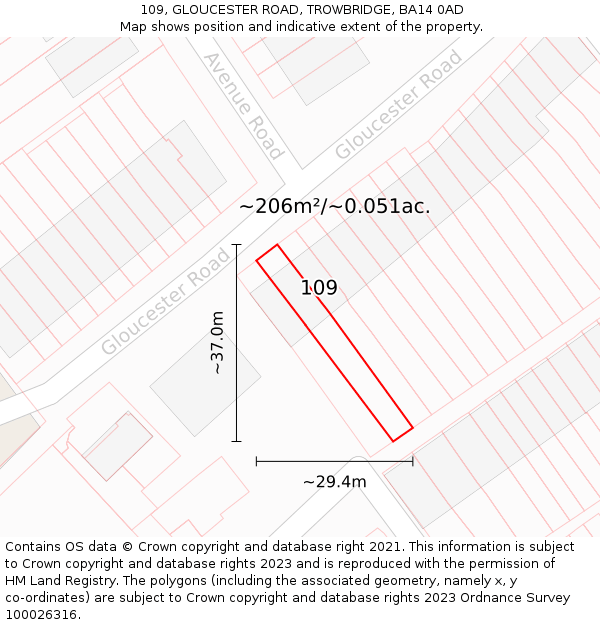 109, GLOUCESTER ROAD, TROWBRIDGE, BA14 0AD: Plot and title map