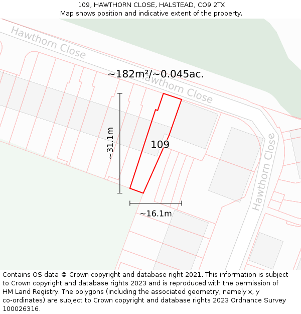 109, HAWTHORN CLOSE, HALSTEAD, CO9 2TX: Plot and title map