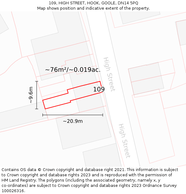 109, HIGH STREET, HOOK, GOOLE, DN14 5PQ: Plot and title map