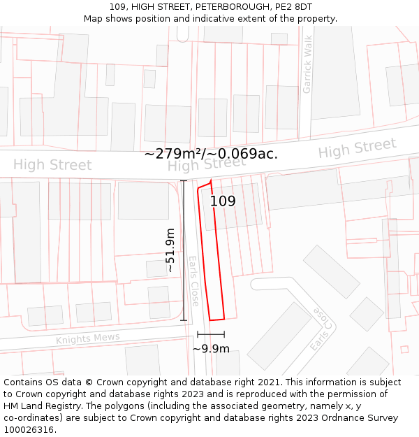 109, HIGH STREET, PETERBOROUGH, PE2 8DT: Plot and title map