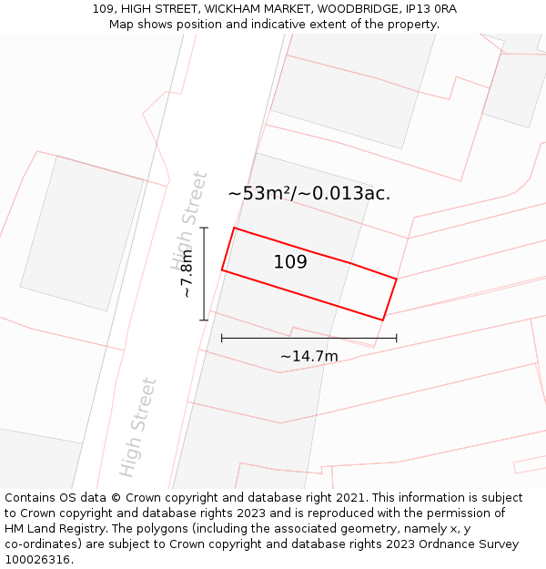 109, HIGH STREET, WICKHAM MARKET, WOODBRIDGE, IP13 0RA: Plot and title map