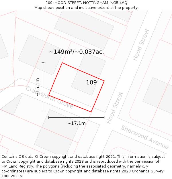 109, HOOD STREET, NOTTINGHAM, NG5 4AQ: Plot and title map