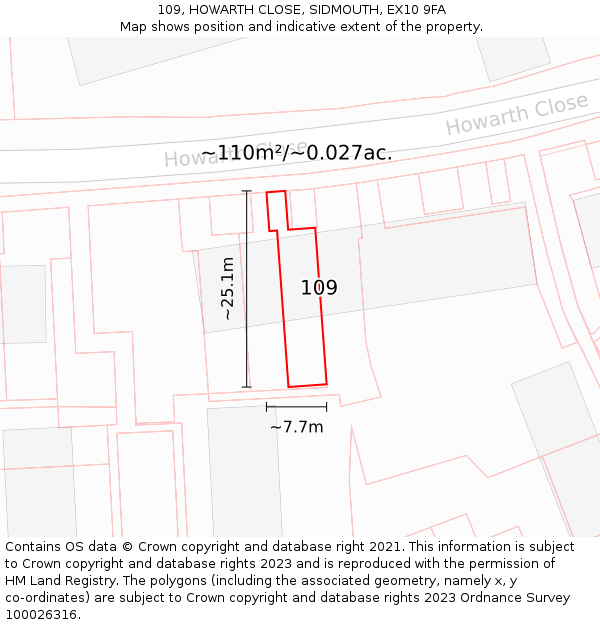 109, HOWARTH CLOSE, SIDMOUTH, EX10 9FA: Plot and title map
