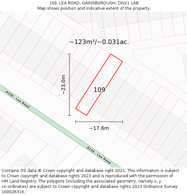 109, LEA ROAD, GAINSBOROUGH, DN21 1AB: Plot and title map