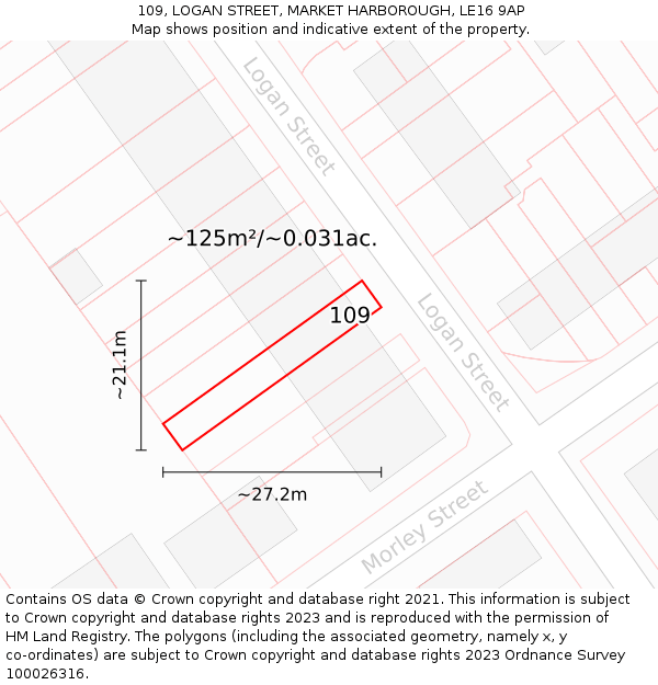 109, LOGAN STREET, MARKET HARBOROUGH, LE16 9AP: Plot and title map