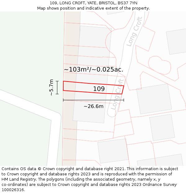 109, LONG CROFT, YATE, BRISTOL, BS37 7YN: Plot and title map