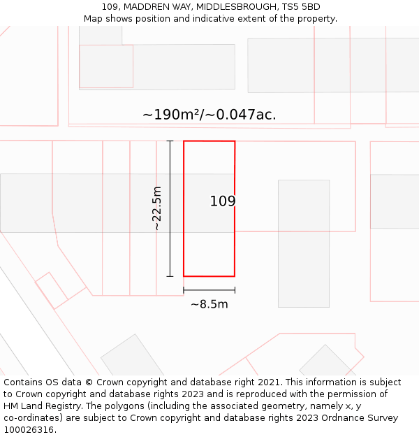 109, MADDREN WAY, MIDDLESBROUGH, TS5 5BD: Plot and title map