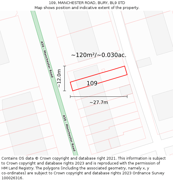 109, MANCHESTER ROAD, BURY, BL9 0TD: Plot and title map