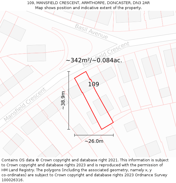 109, MANSFIELD CRESCENT, ARMTHORPE, DONCASTER, DN3 2AR: Plot and title map
