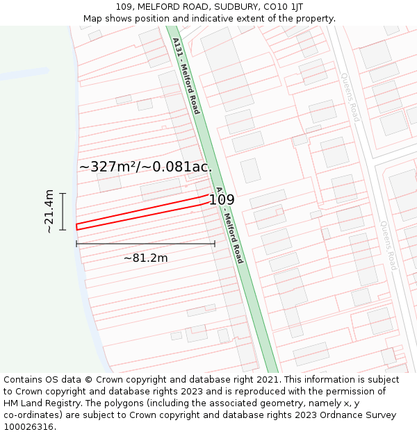 109, MELFORD ROAD, SUDBURY, CO10 1JT: Plot and title map