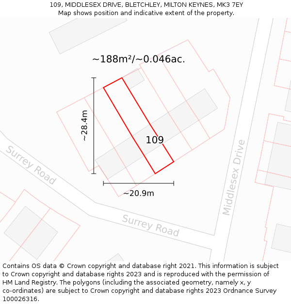 109, MIDDLESEX DRIVE, BLETCHLEY, MILTON KEYNES, MK3 7EY: Plot and title map