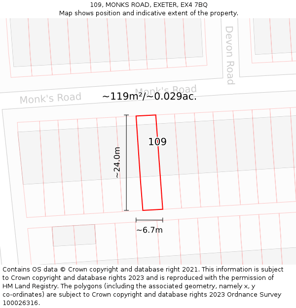 109, MONKS ROAD, EXETER, EX4 7BQ: Plot and title map