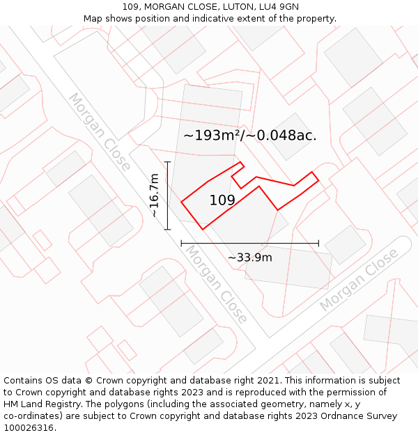 109, MORGAN CLOSE, LUTON, LU4 9GN: Plot and title map