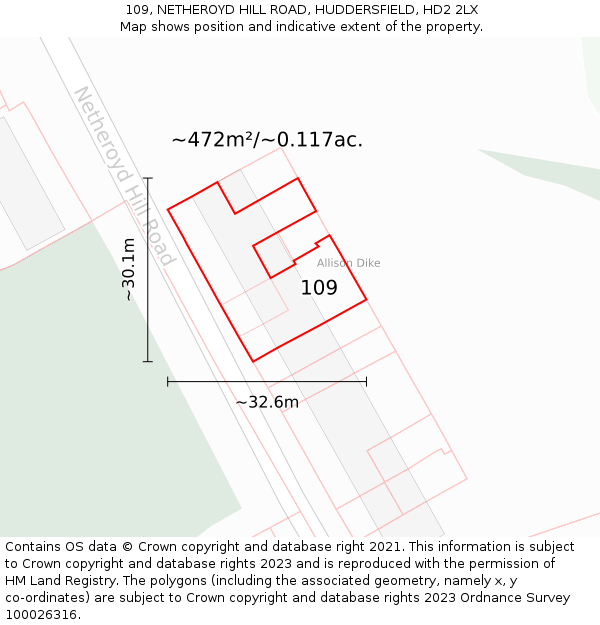 109, NETHEROYD HILL ROAD, HUDDERSFIELD, HD2 2LX: Plot and title map