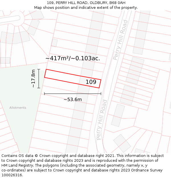 109, PERRY HILL ROAD, OLDBURY, B68 0AH: Plot and title map