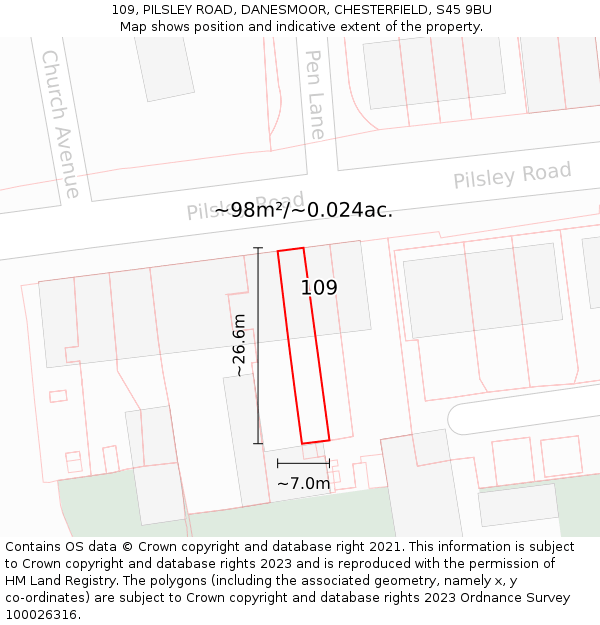 109, PILSLEY ROAD, DANESMOOR, CHESTERFIELD, S45 9BU: Plot and title map