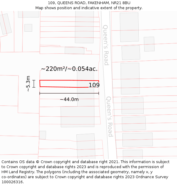 109, QUEENS ROAD, FAKENHAM, NR21 8BU: Plot and title map