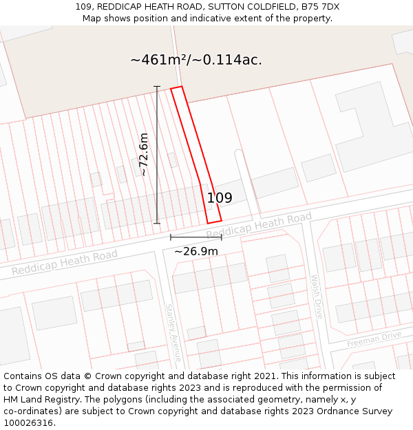 109, REDDICAP HEATH ROAD, SUTTON COLDFIELD, B75 7DX: Plot and title map