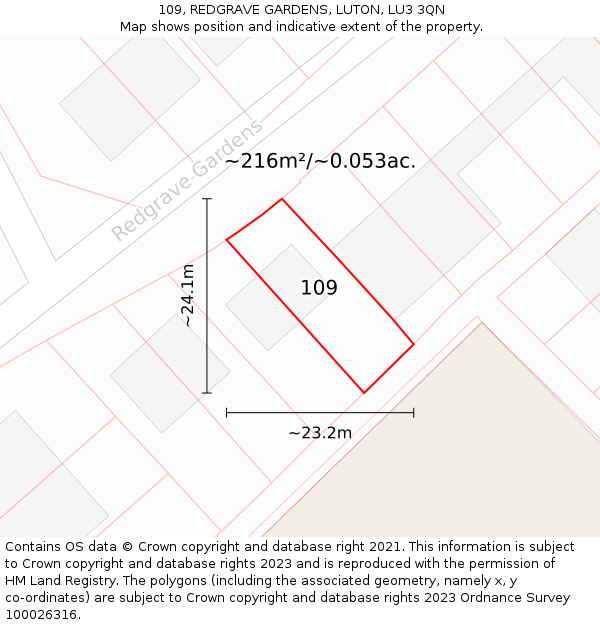 109, REDGRAVE GARDENS, LUTON, LU3 3QN: Plot and title map