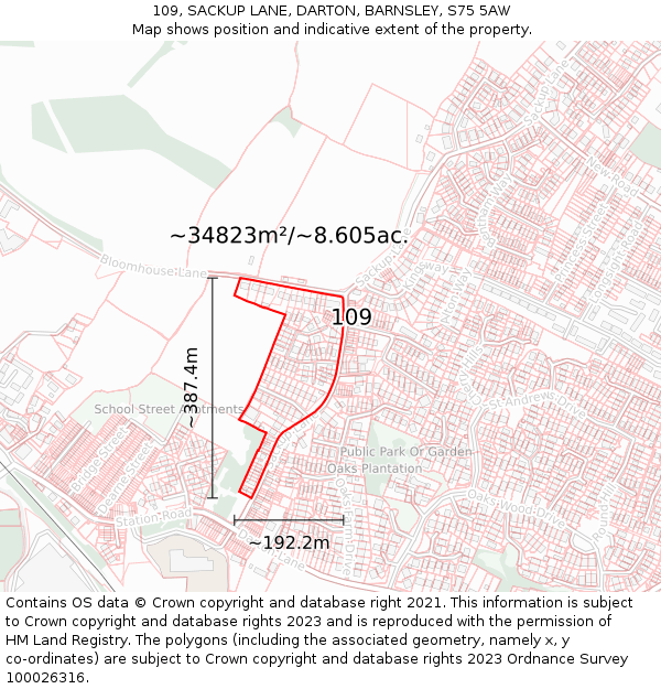 109, SACKUP LANE, DARTON, BARNSLEY, S75 5AW: Plot and title map