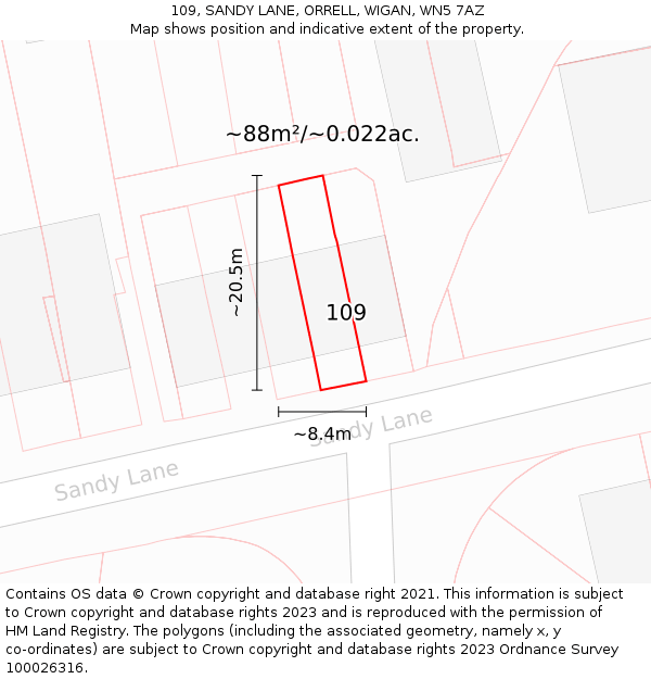 109, SANDY LANE, ORRELL, WIGAN, WN5 7AZ: Plot and title map