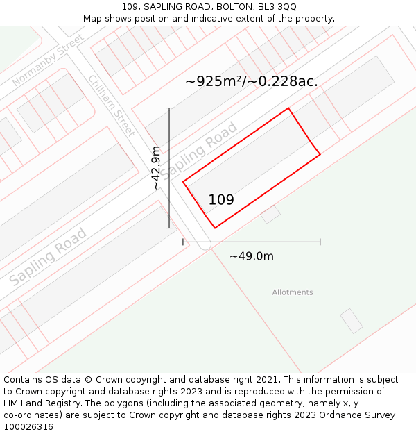 109, SAPLING ROAD, BOLTON, BL3 3QQ: Plot and title map
