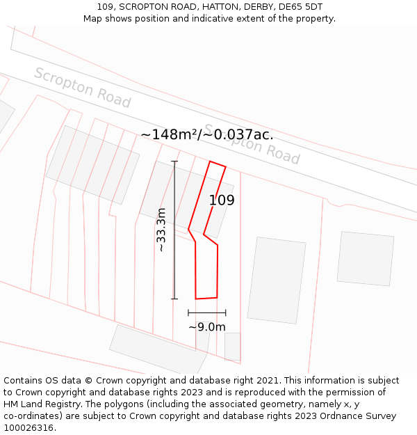 109, SCROPTON ROAD, HATTON, DERBY, DE65 5DT: Plot and title map
