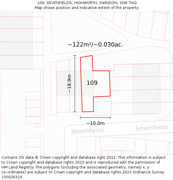 109, SEVENFIELDS, HIGHWORTH, SWINDON, SN6 7NQ: Plot and title map