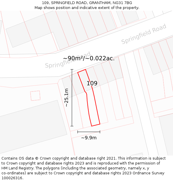 109, SPRINGFIELD ROAD, GRANTHAM, NG31 7BG: Plot and title map