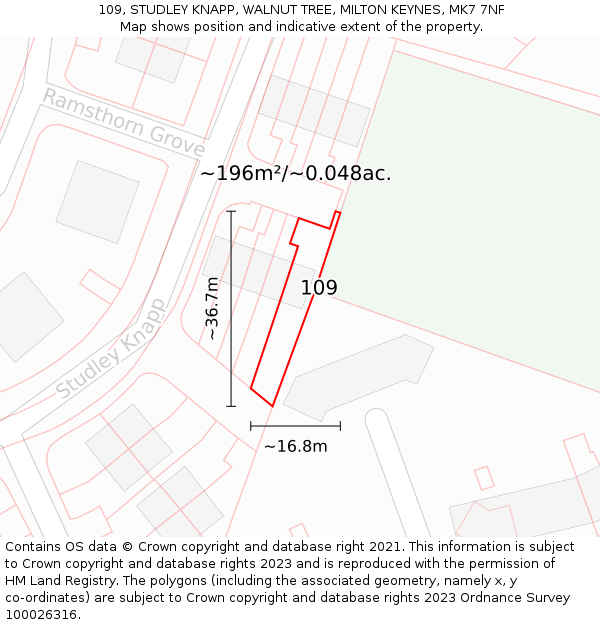 109, STUDLEY KNAPP, WALNUT TREE, MILTON KEYNES, MK7 7NF: Plot and title map