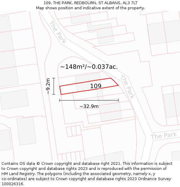 109, THE PARK, REDBOURN, ST ALBANS, AL3 7LT: Plot and title map