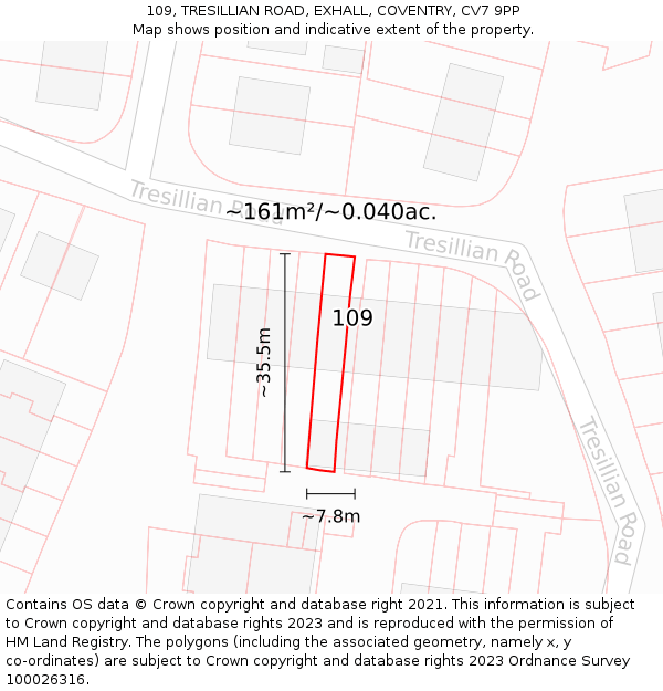109, TRESILLIAN ROAD, EXHALL, COVENTRY, CV7 9PP: Plot and title map