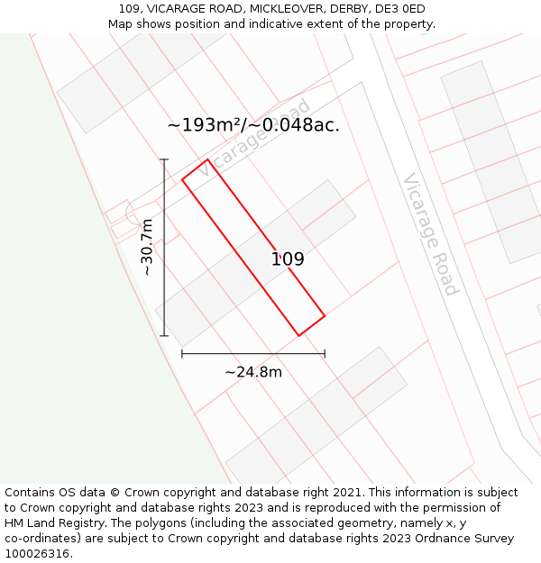 109, VICARAGE ROAD, MICKLEOVER, DERBY, DE3 0ED: Plot and title map