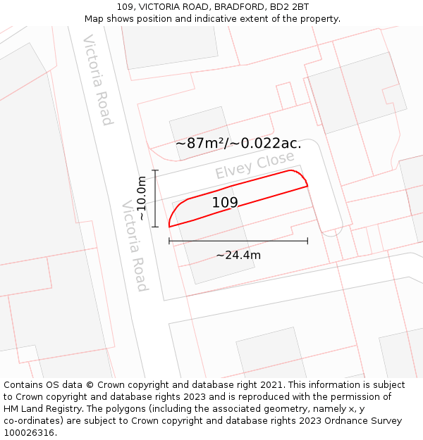 109, VICTORIA ROAD, BRADFORD, BD2 2BT: Plot and title map