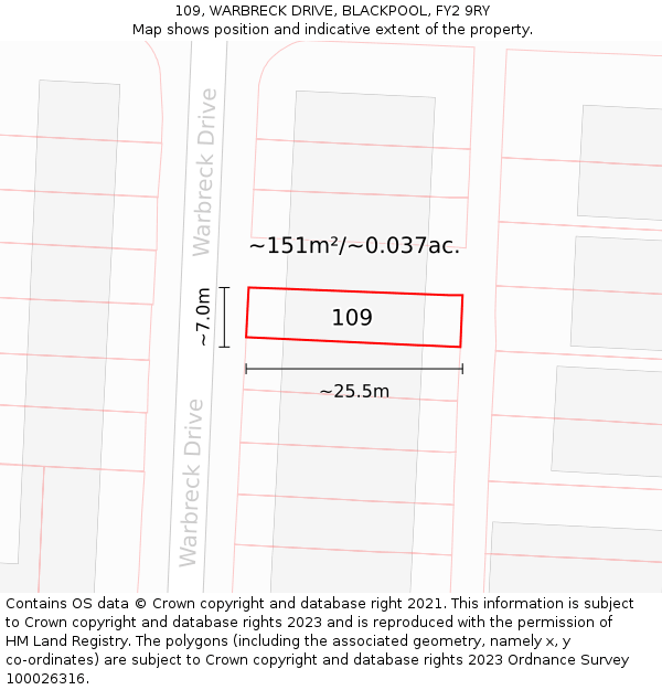 109, WARBRECK DRIVE, BLACKPOOL, FY2 9RY: Plot and title map