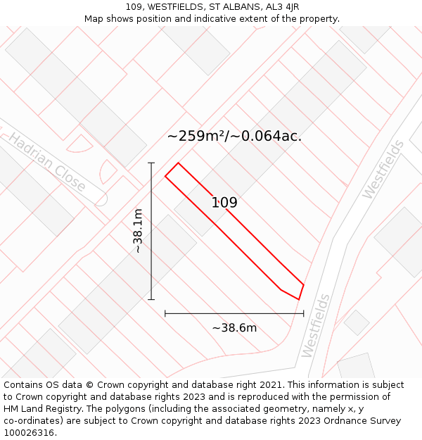 109, WESTFIELDS, ST ALBANS, AL3 4JR: Plot and title map