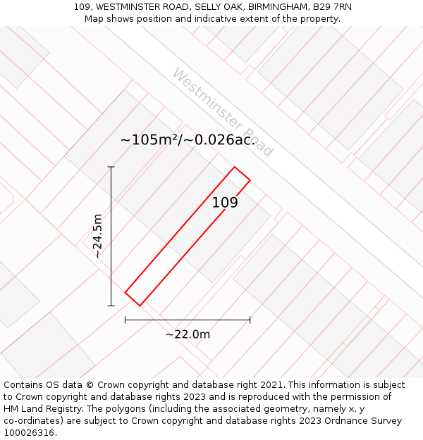 109, WESTMINSTER ROAD, SELLY OAK, BIRMINGHAM, B29 7RN: Plot and title map