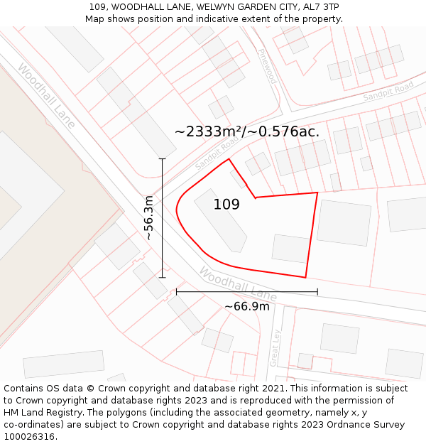 109, WOODHALL LANE, WELWYN GARDEN CITY, AL7 3TP: Plot and title map