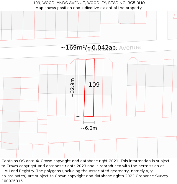 109, WOODLANDS AVENUE, WOODLEY, READING, RG5 3HQ: Plot and title map