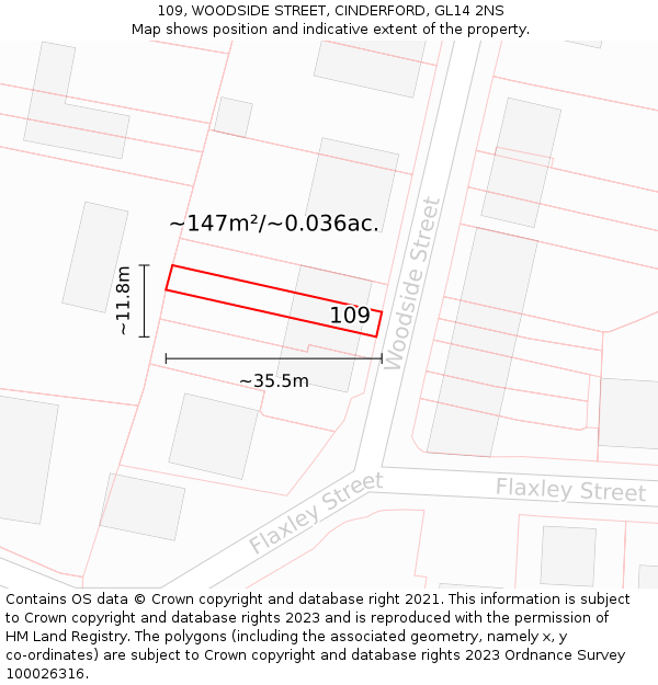 109, WOODSIDE STREET, CINDERFORD, GL14 2NS: Plot and title map