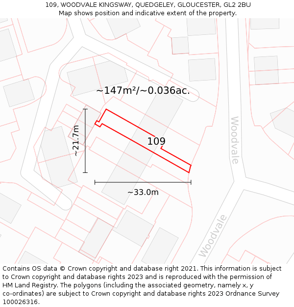 109, WOODVALE KINGSWAY, QUEDGELEY, GLOUCESTER, GL2 2BU: Plot and title map