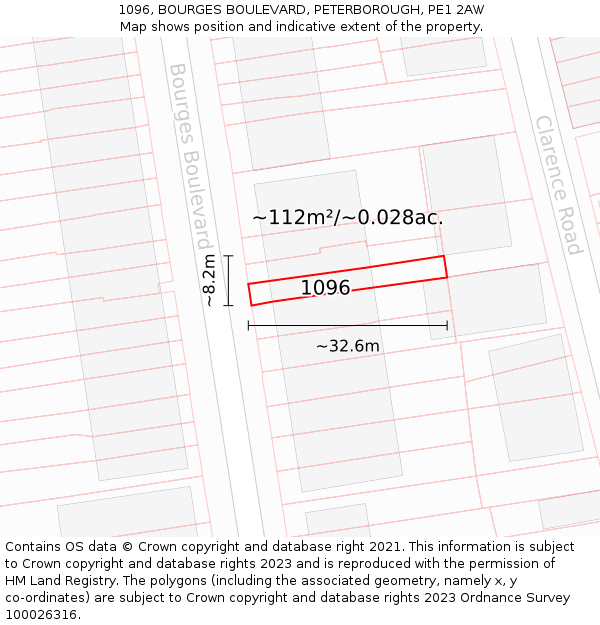 1096, BOURGES BOULEVARD, PETERBOROUGH, PE1 2AW: Plot and title map