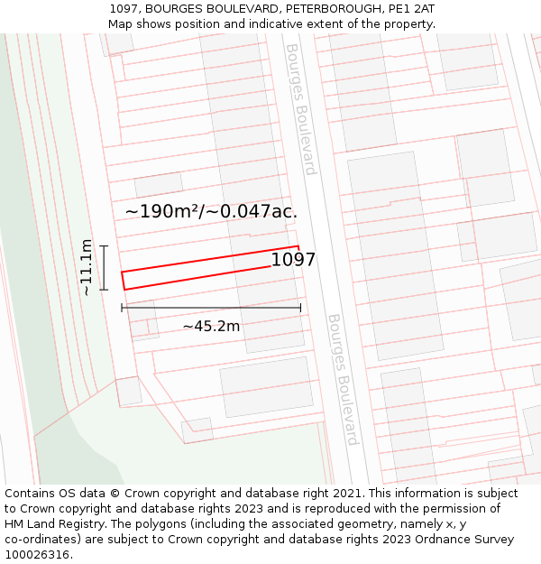 1097, BOURGES BOULEVARD, PETERBOROUGH, PE1 2AT: Plot and title map