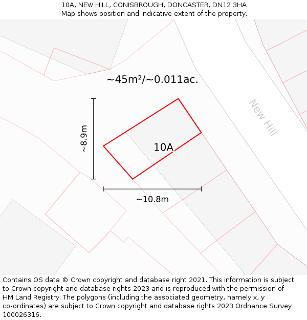 10A, NEW HILL, CONISBROUGH, DONCASTER, DN12 3HA: Plot and title map
