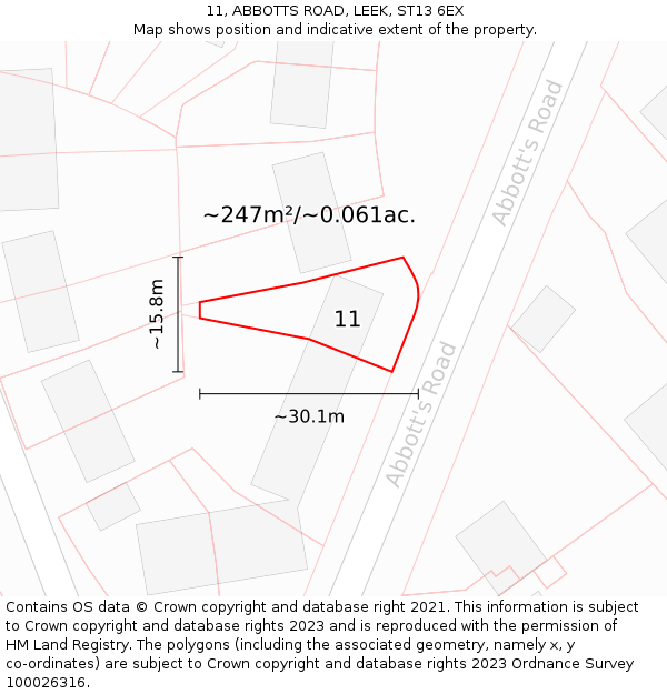 11, ABBOTTS ROAD, LEEK, ST13 6EX: Plot and title map