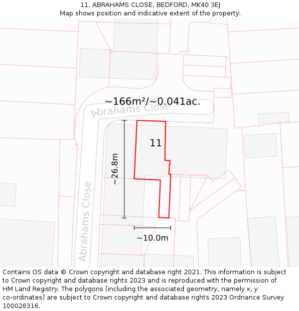11, ABRAHAMS CLOSE, BEDFORD, MK40 3EJ: Plot and title map