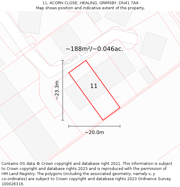 11, ACORN CLOSE, HEALING, GRIMSBY, DN41 7AA: Plot and title map